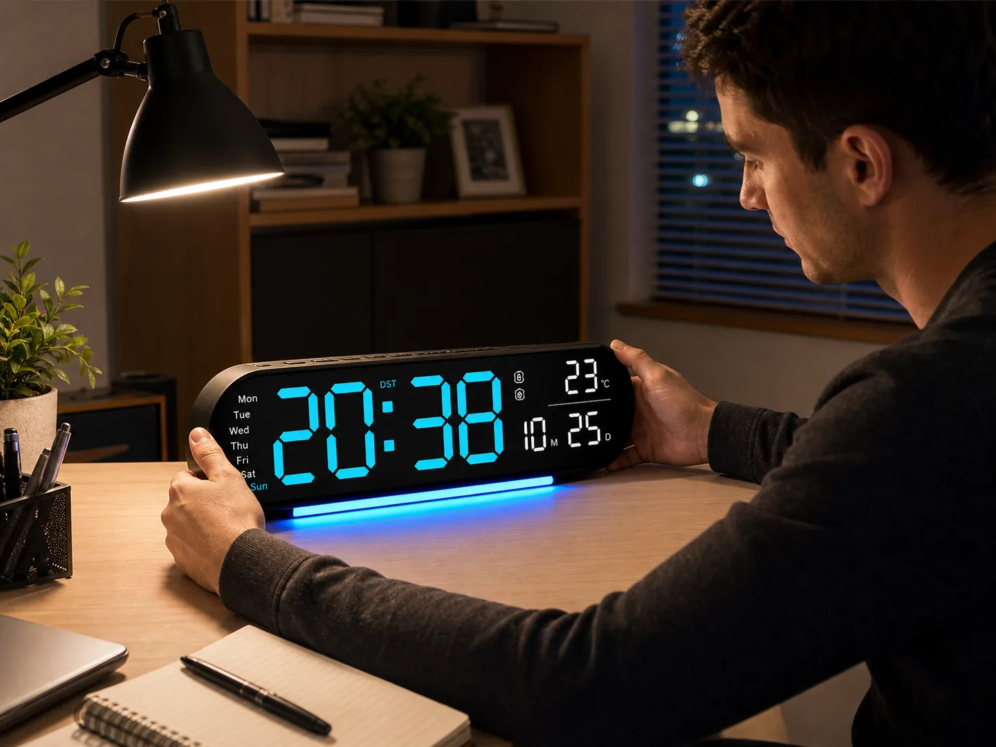 Large Screen LED Clock Placed on Home Office Desk Large Screen LED Clock Placed on Home Office Desk