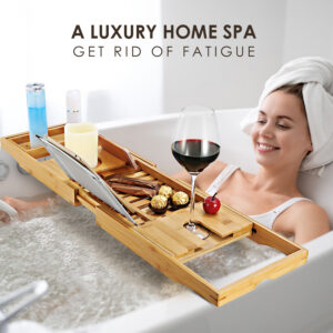 Luxury Extendable Bamboo Bathtub Caddy - Adjustable Tray with Tablet Holder
