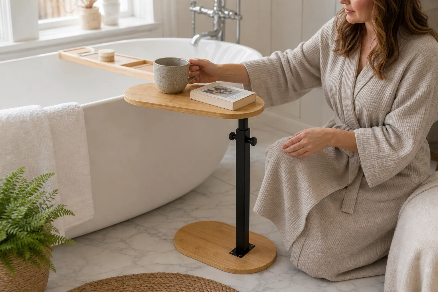 Adjustable Bamboo Bathtub Tray Table - Mug and Book Adjustable Bamboo Bathtub Tray Table - Mug and Book