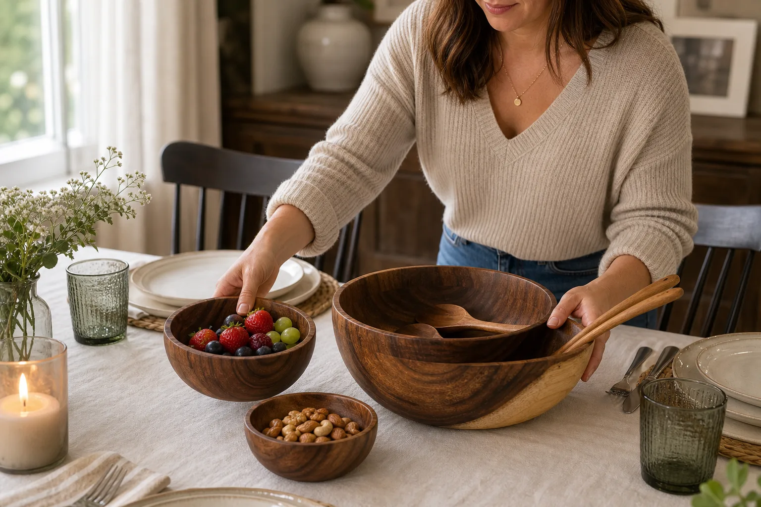 Acacia Wood Serving Bowls Set - Dining Table Arrangement Acacia Wood Serving Bowls Set - Dining Table Arrangement