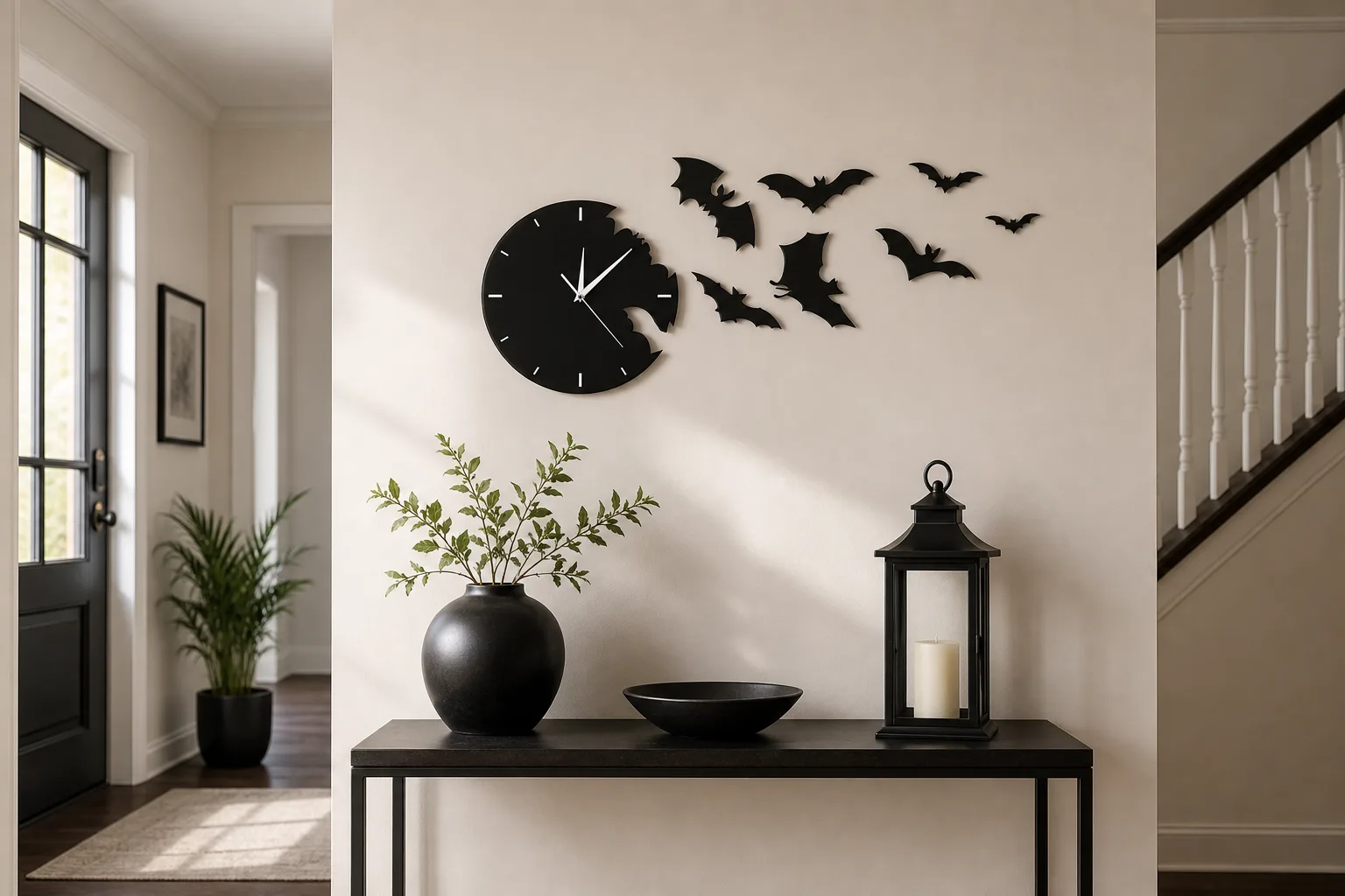Black Bat Swarm Wall Clock in Modern Entryway Black Bat Swarm Wall Clock in Modern Entryway