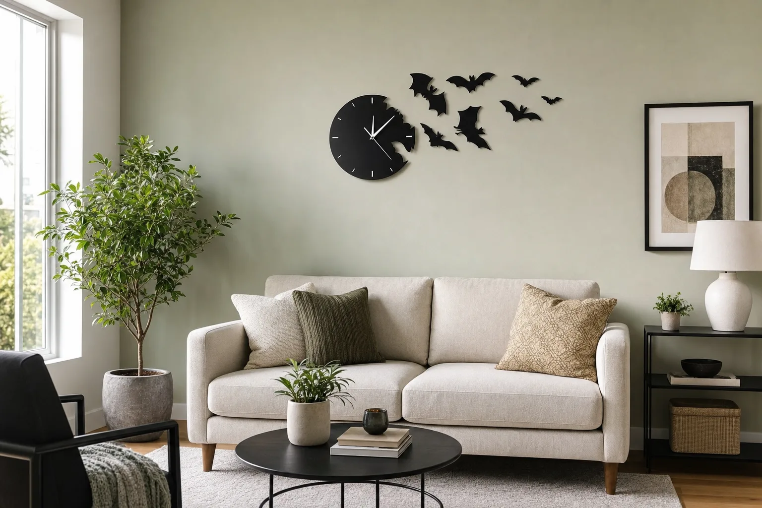 Black Bat Swarm Wall Clock Above Living Room Sofa Black Bat Swarm Wall Clock Above Living Room Sofa