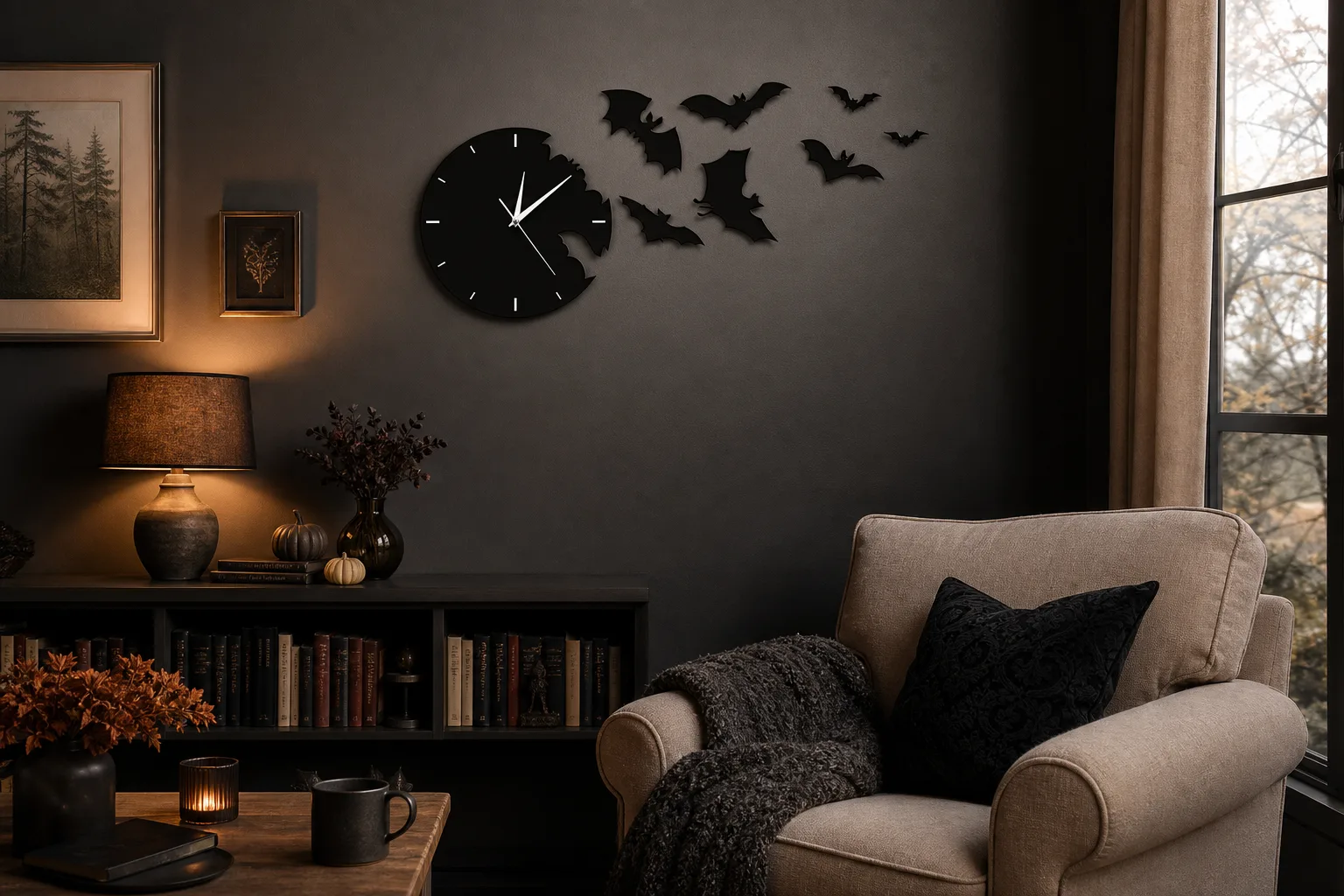 Black Bat Swarm Wall Clock in Cozy Reading Nook Black Bat Swarm Wall Clock in Cozy Reading Nook