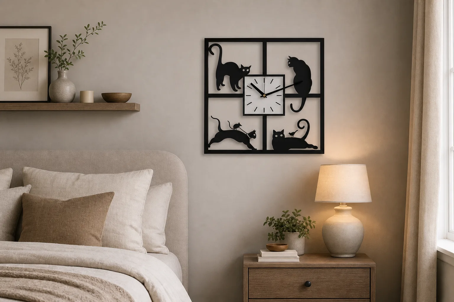 Cat Silhouette Wall Clock in Cozy Bedroom Cat Silhouette Wall Clock in Cozy Bedroom