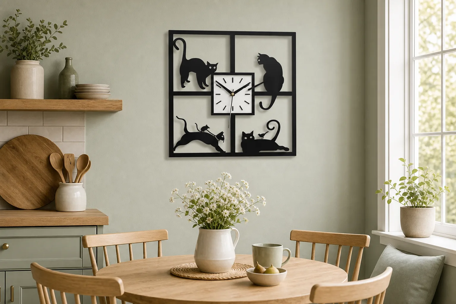 Cat Silhouette Wall Clock in Breakfast Nook Cat Silhouette Wall Clock in Breakfast Nook