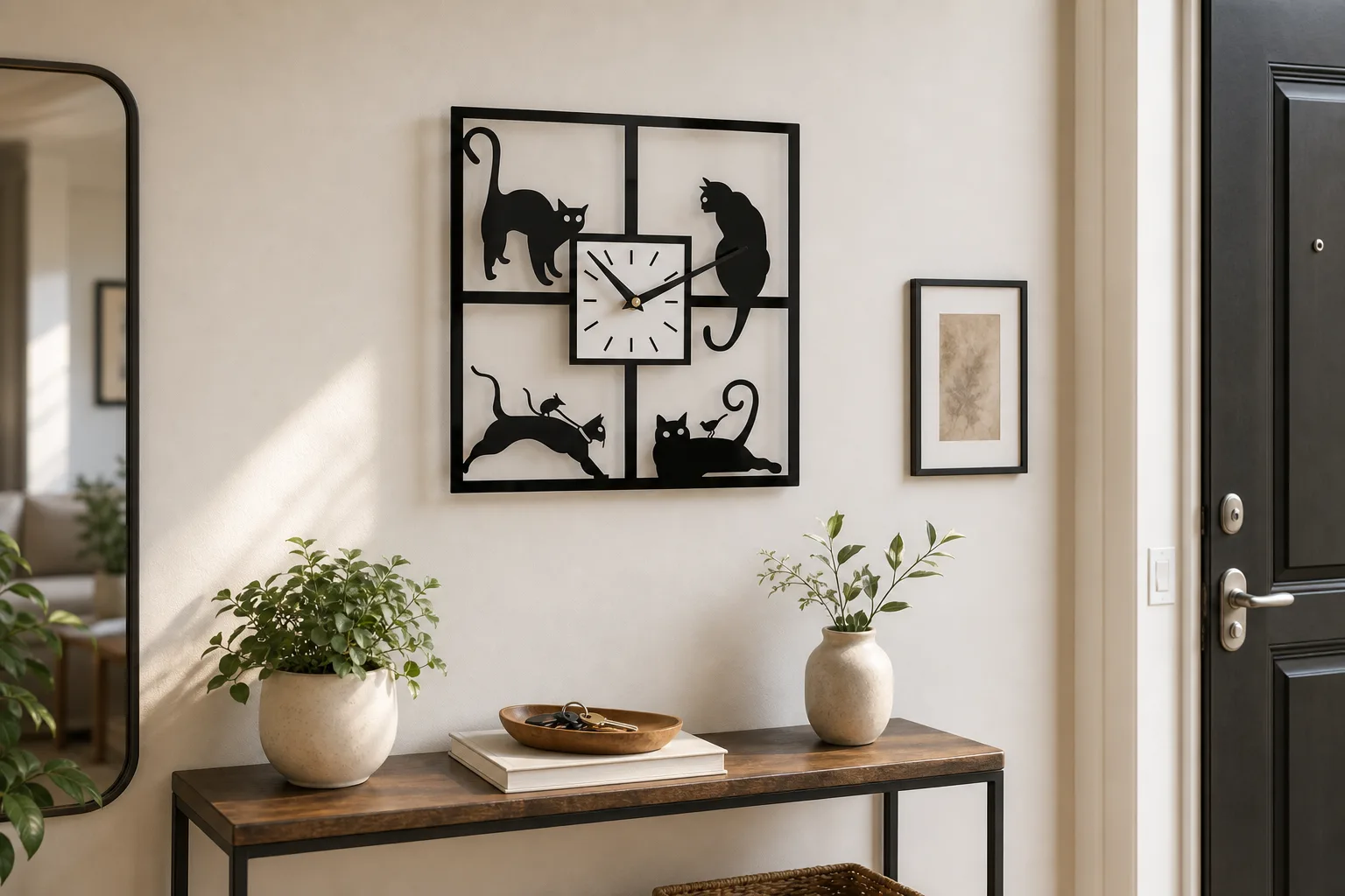 Cat Silhouette Wall Clock in Apartment Entryway Cat Silhouette Wall Clock in Apartment Entryway