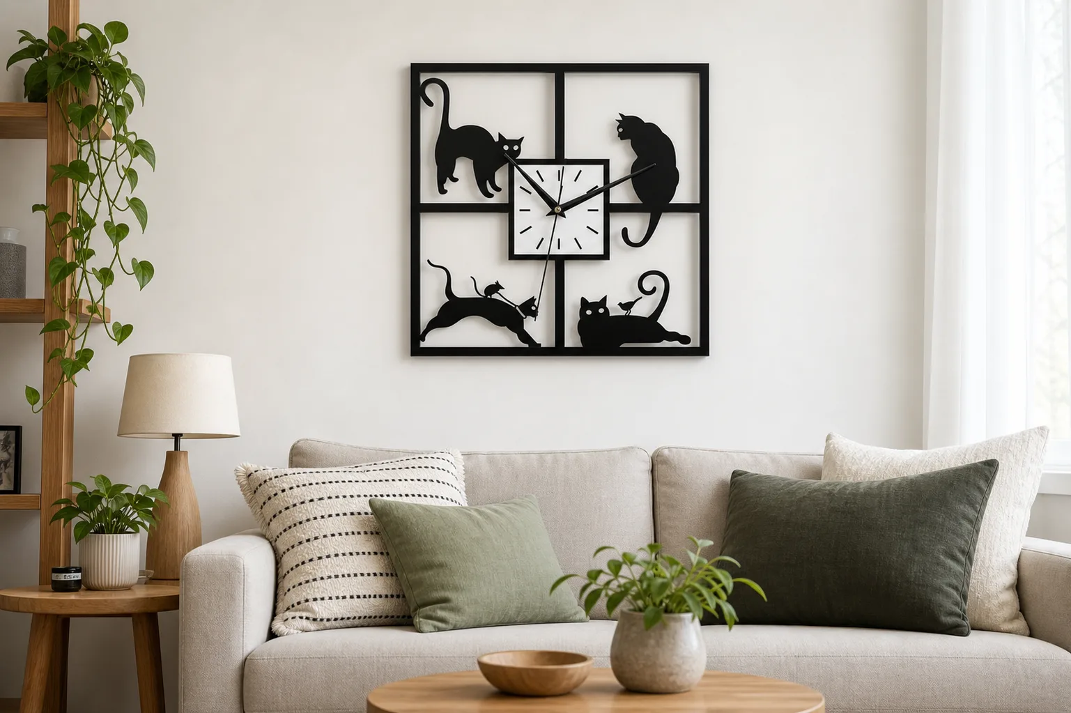 Cat Silhouette Wall Clock Above Sofa Cat Silhouette Wall Clock Above Sofa