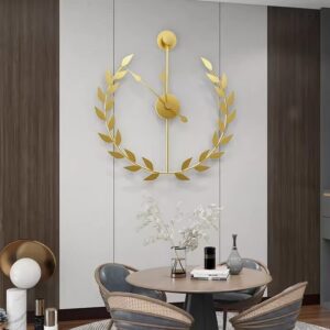 Gold Laurel Wreath Wall Clock - Silent Non-Ticking Metal Wall Art for Living Room
