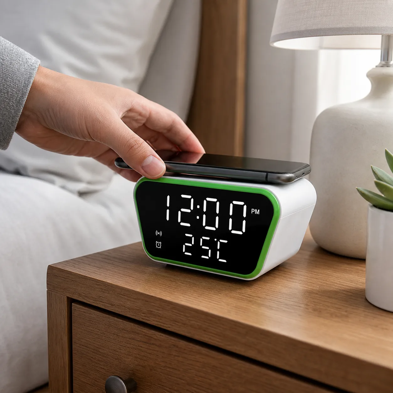 Wireless Charging Clock on Bedroom Nightstand Wireless Charging Clock on Bedroom Nightstand