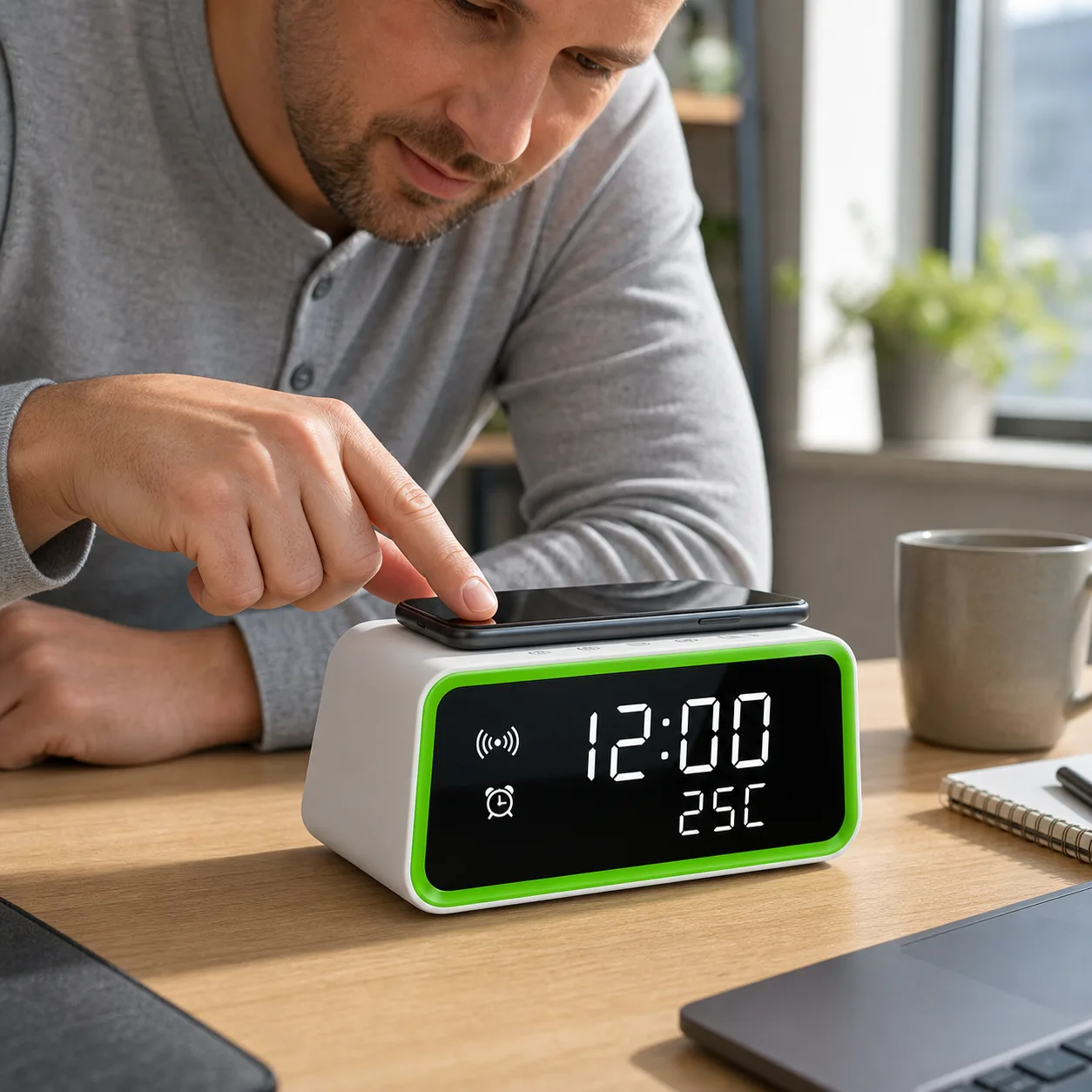 Checking the Wireless Charging Clock at a Desk Checking the Wireless Charging Clock at a Desk