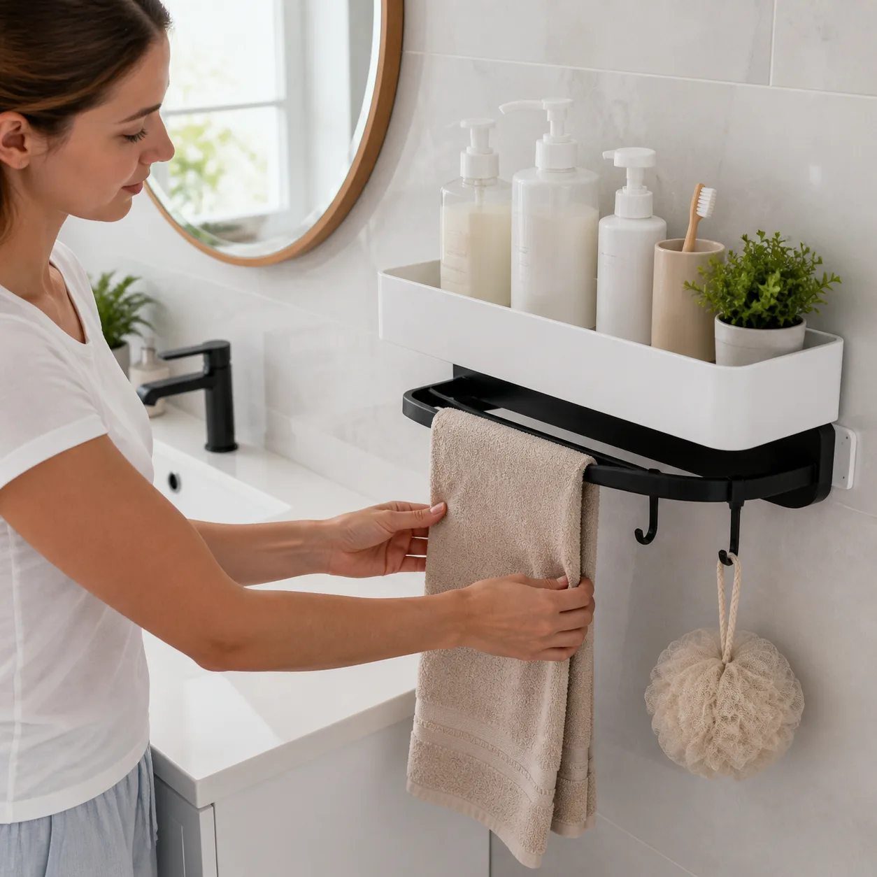 Hanging a Towel on the Bathroom Shelf Bar Hanging a Towel on the Bathroom Shelf Bar