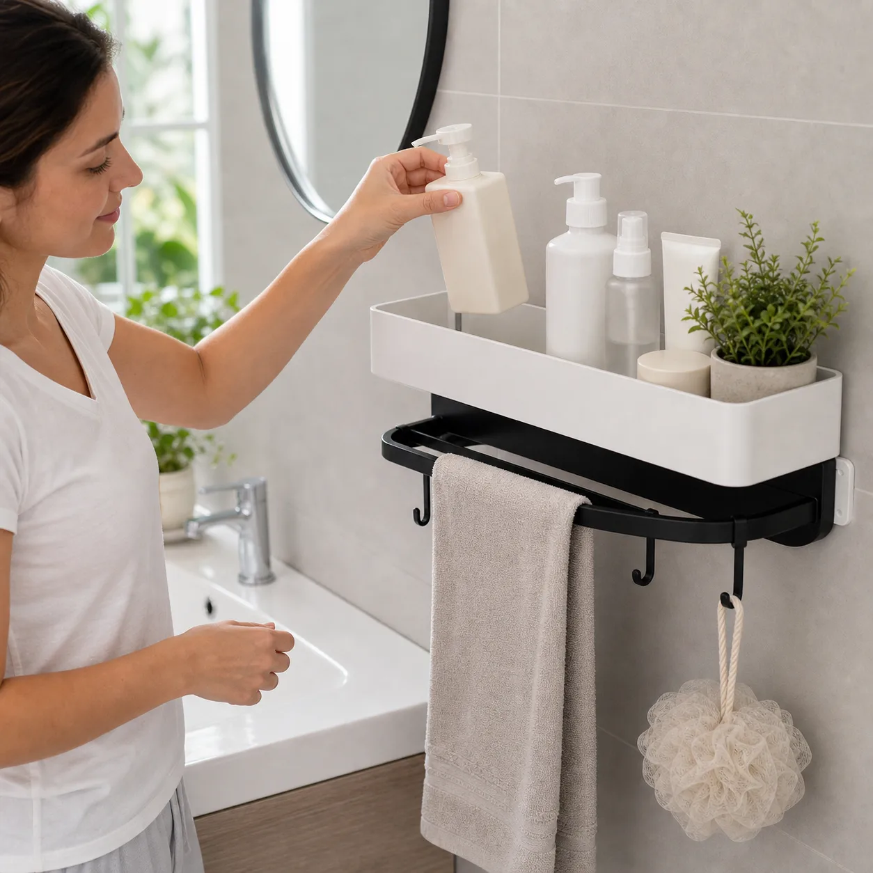 Placing Toiletries on the Wall-Mounted Shelf Placing Toiletries on the Wall-Mounted Shelf