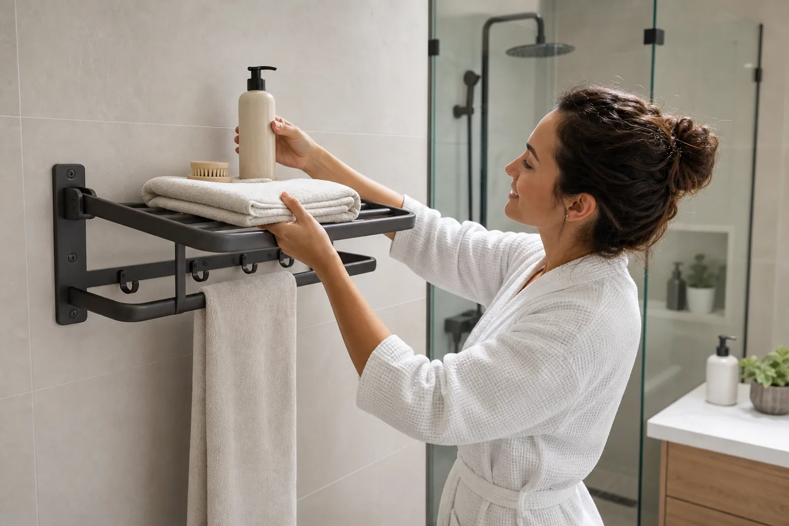 Bath Essentials on Wall Shelf Person placing bath items and folded towels on a dark gray wall shelf towel rack in a modern bathroom.