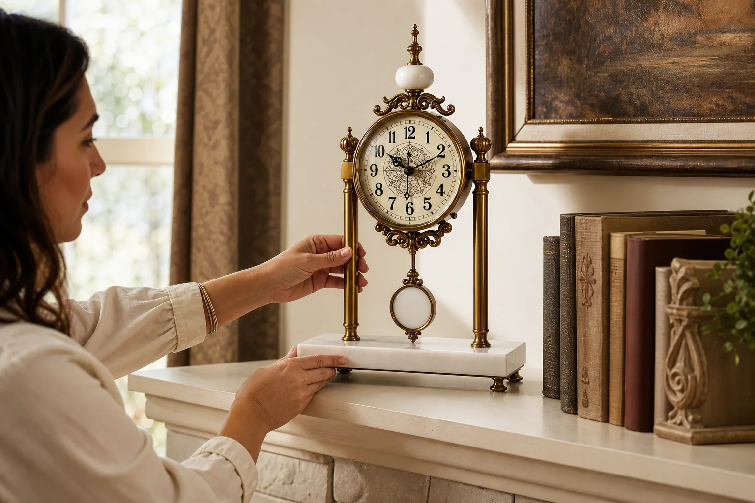 Vintage Brass Mantel Clock Styled on a Living Room Mantel Vintage Brass Mantel Clock Styled on a Living Room Mantel