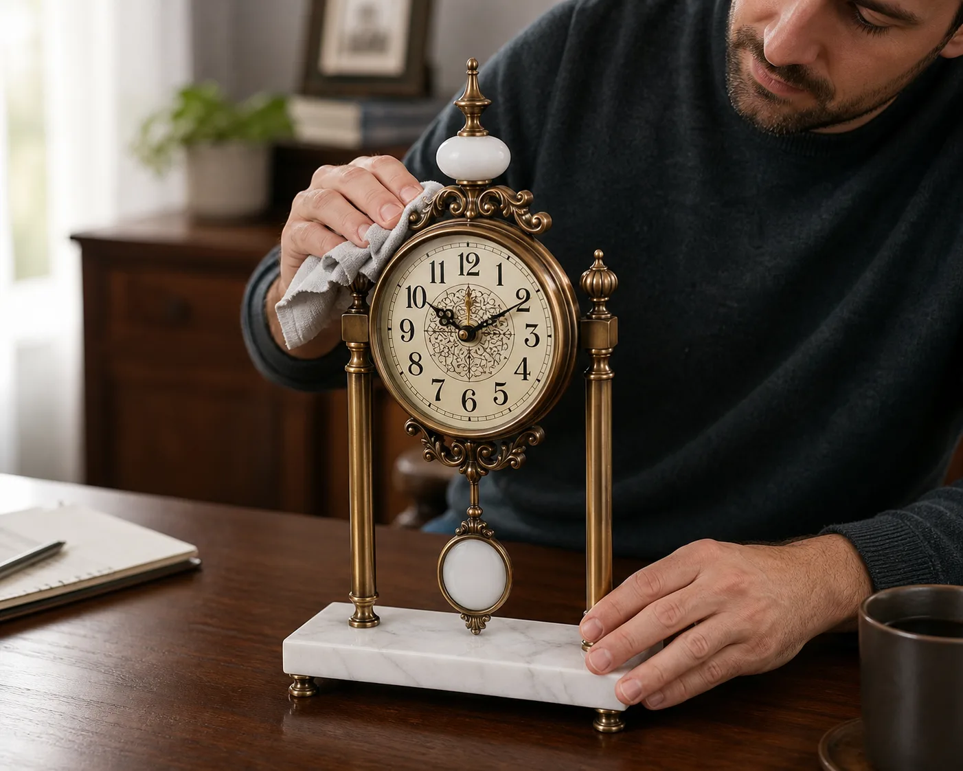 Polishing the Brass Details of a Marble Base Mantel Clock Person polishing an ornate brass mantel clock with a microfiber cloth on a wood desk