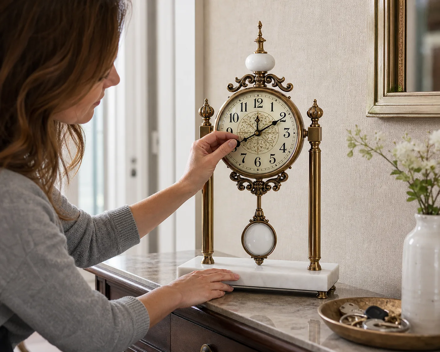 Adjusting a Vintage Brass Mantel Clock on an Entryway Console Adjusting a Vintage Brass Mantel Clock on an Entryway Console