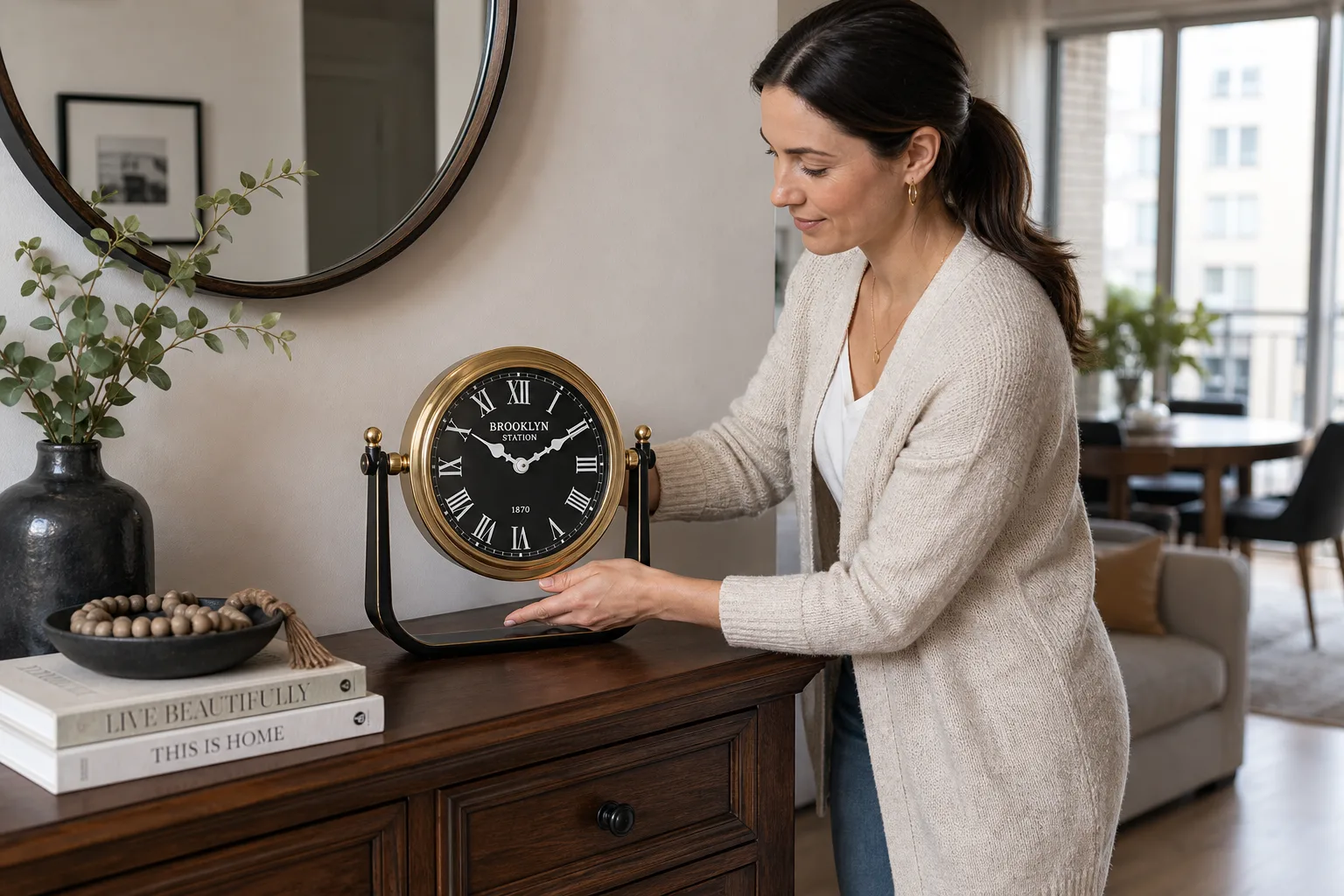 Vintage Brooklyn Station desk clock placed on an entryway console Vintage Brooklyn Station desk clock placed on an entryway console