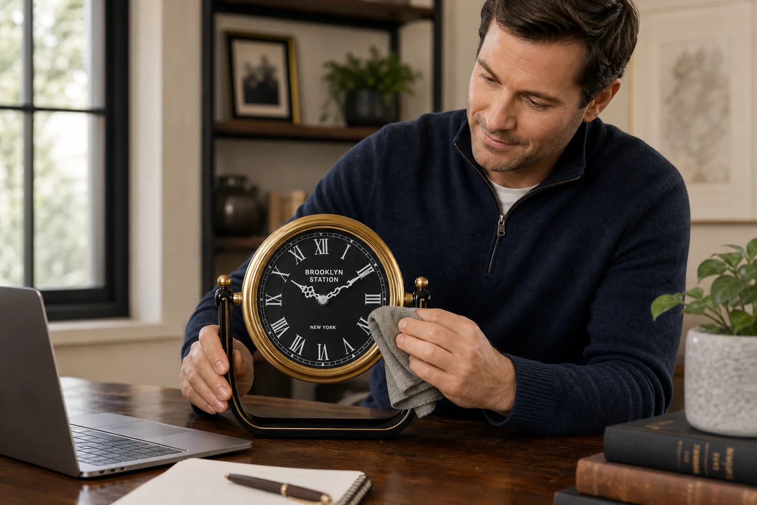 Gold and black Roman numeral desk clock being gently cleaned Gold and black Roman numeral desk clock being gently cleaned