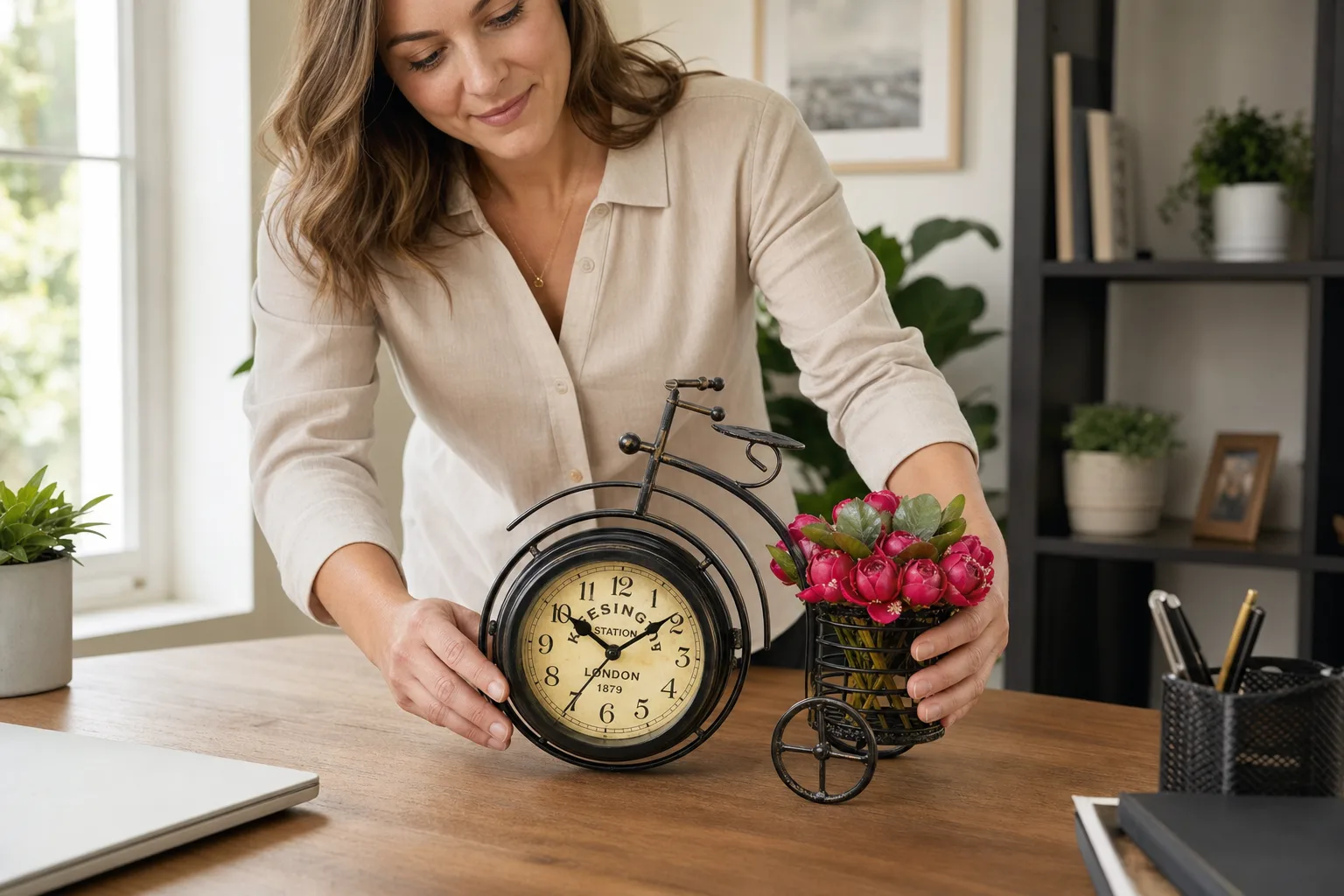 Vintage Bicycle Desk Clock Styled on a Home Office Desk Vintage Bicycle Desk Clock Styled on a Home Office Desk