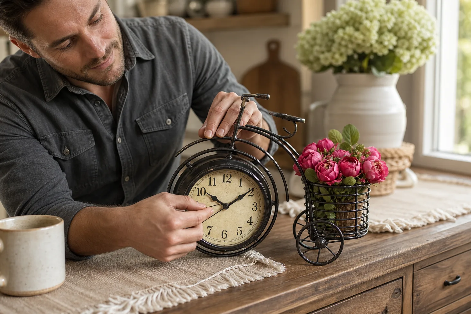 Rustic Bicycle Clock Being Adjusted on a Farmhouse Sideboard Man adjusting the hands of a vintage bicycle desk clock with a flower basket on a rustic wooden sideboard.