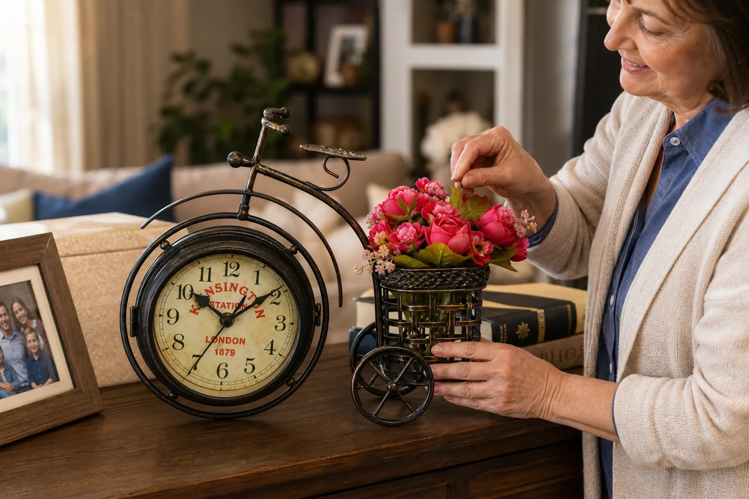 Bicycle Table Clock with Floral Basket on a Living Room Console Bicycle Table Clock with Floral Basket on a Living Room Console