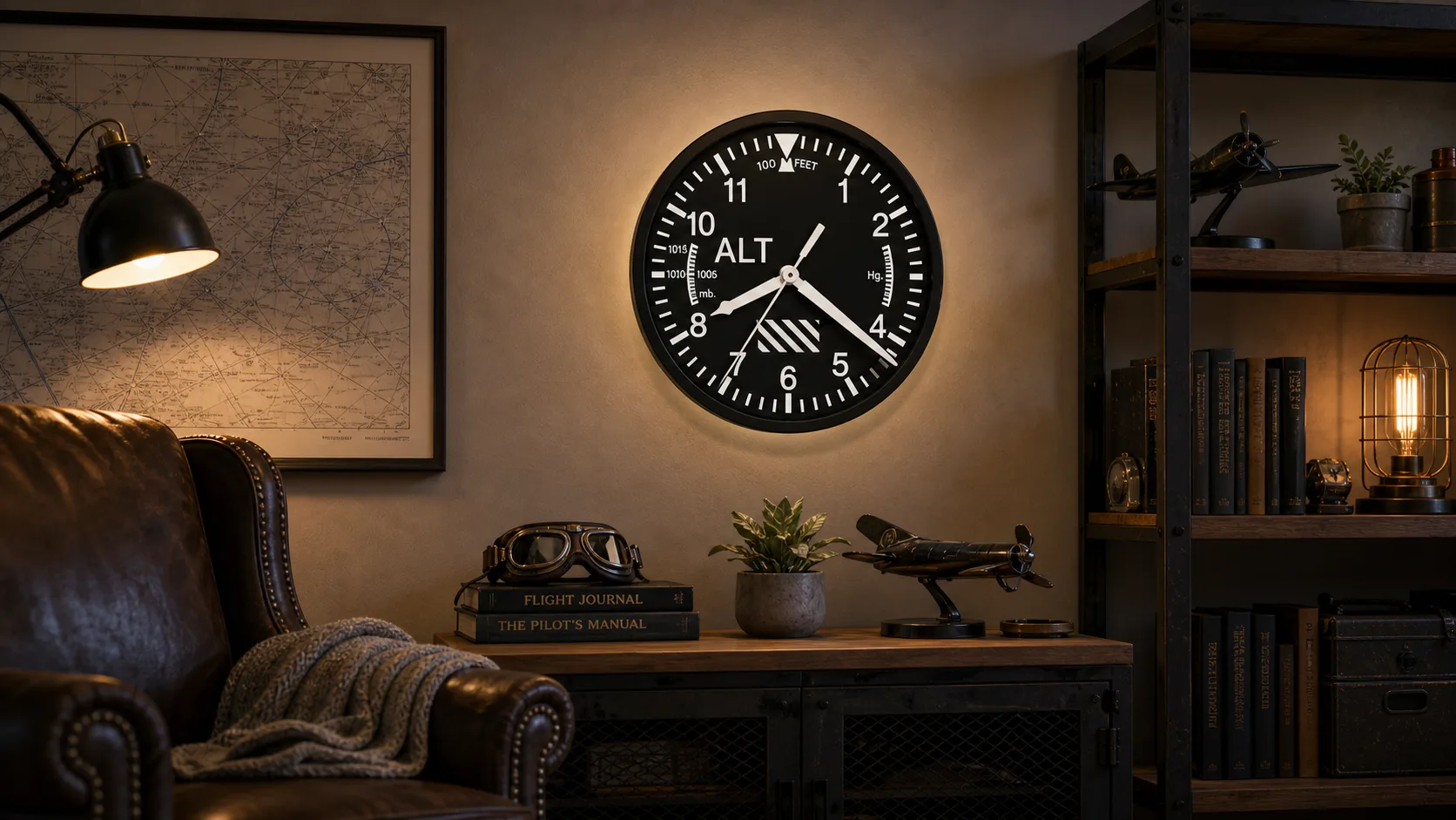 Aviation Altimeter LED Wall Clock in a Lounge Black aviation altimeter LED wall clock mounted in a warm aviation-themed lounge.