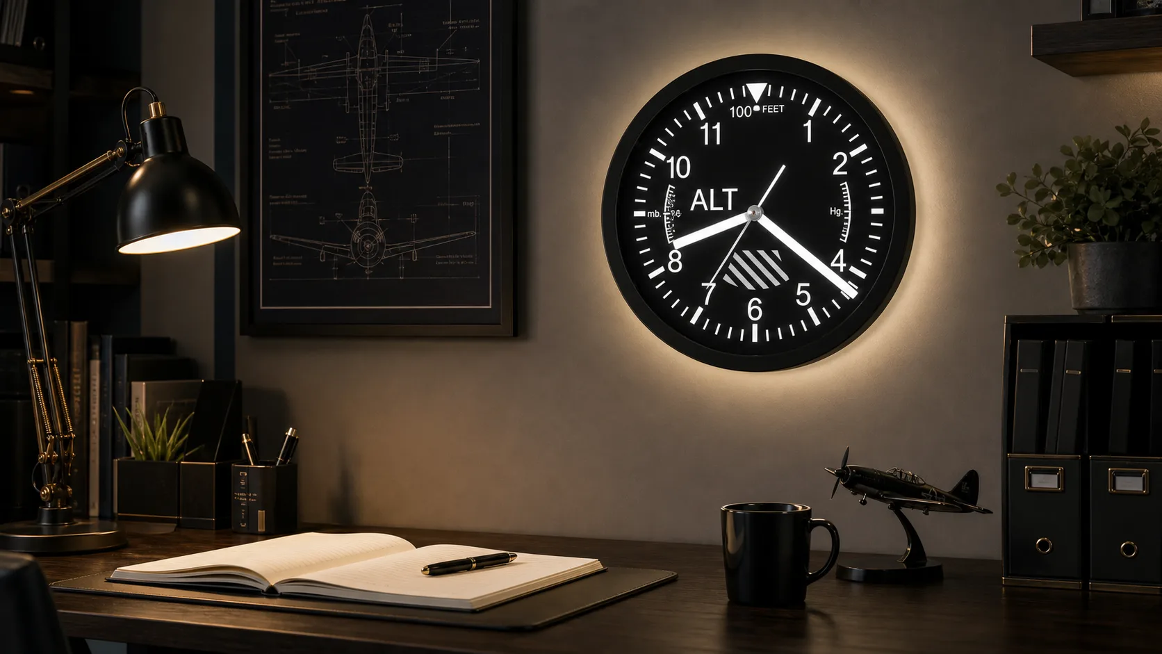 Aviation Altimeter LED Wall Clock in a Pilot Office Black aviation altimeter LED wall clock styled above a pilot home office desk.