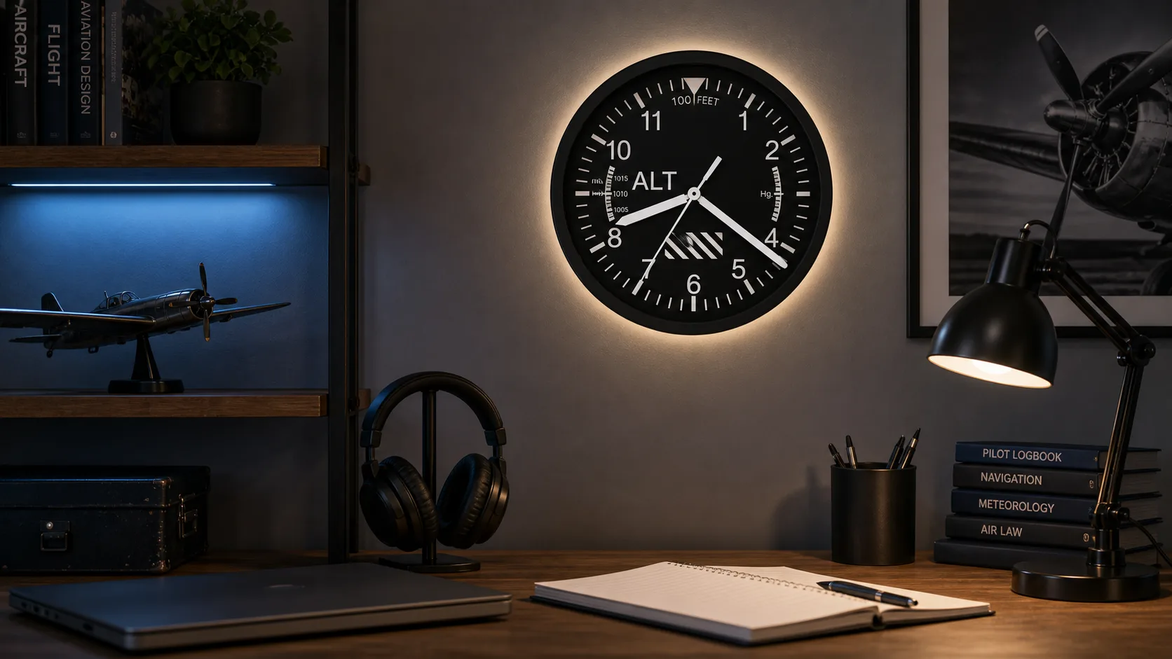 Aviation Altimeter LED Wall Clock in a Study Corner Black altimeter LED wall clock styled in a teen study corner with aviation decor.
