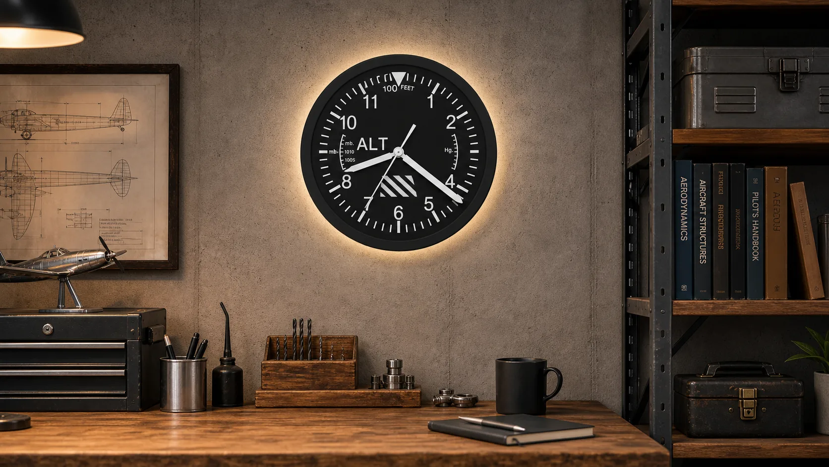 Aviation Altimeter LED Wall Clock in a Workshop Black aviation altimeter LED wall clock mounted above an industrial workshop bench.