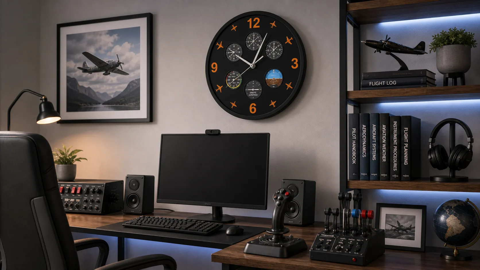 Aviation Pilot Wall Clock in a Flight Simulator Corner Black aviation pilot wall clock styled above a clean flight simulator desk setup.