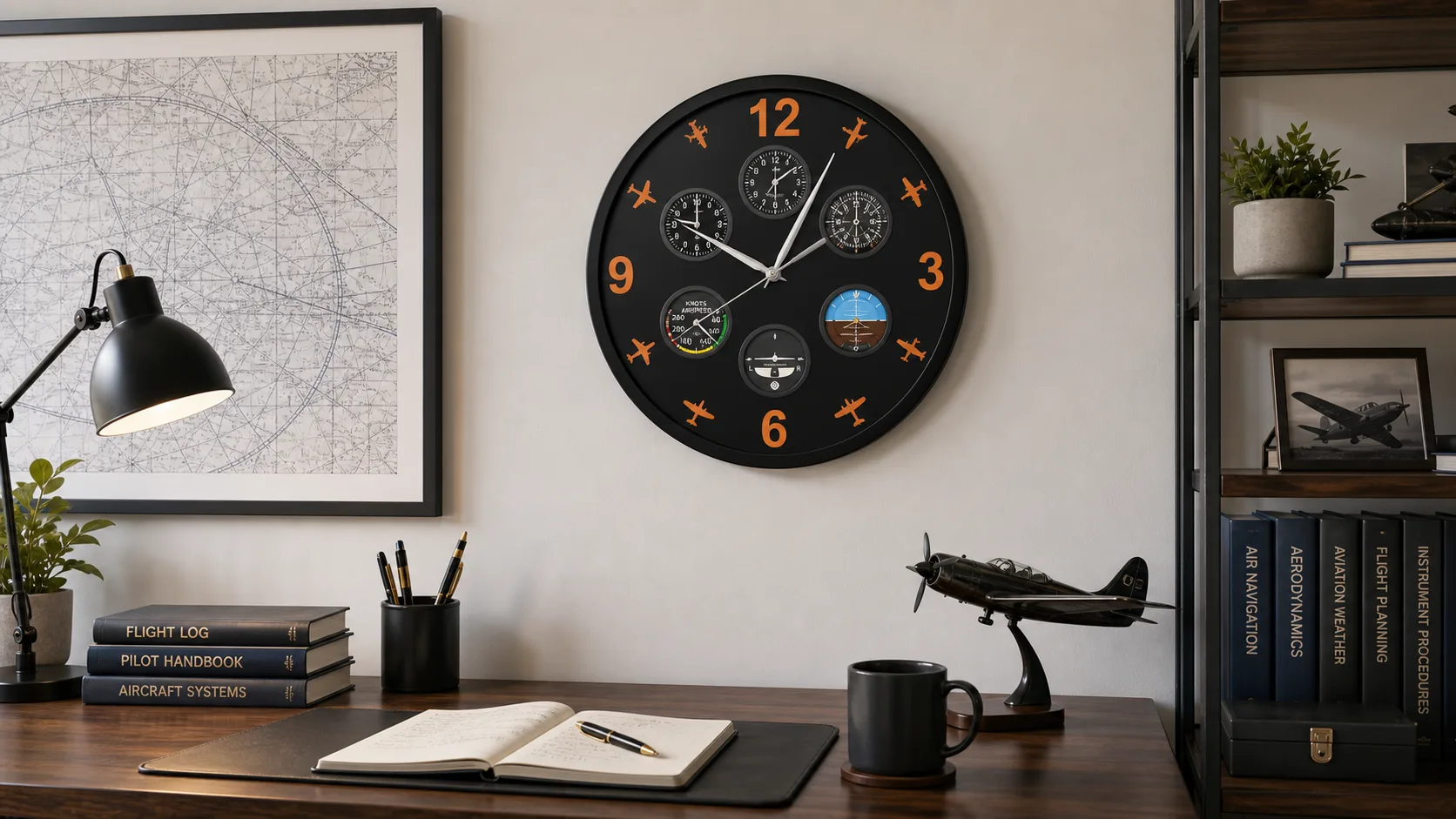 Aviation Pilot Wall Clock in a Home Office Black aviation pilot wall clock with orange numbers styled above a home office desk.