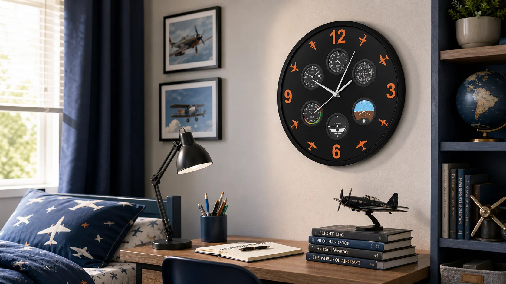 Aviation Pilot Wall Clock in a Kids Bedroom Black aviation pilot wall clock with orange airplane icons styled in a kids bedroom.