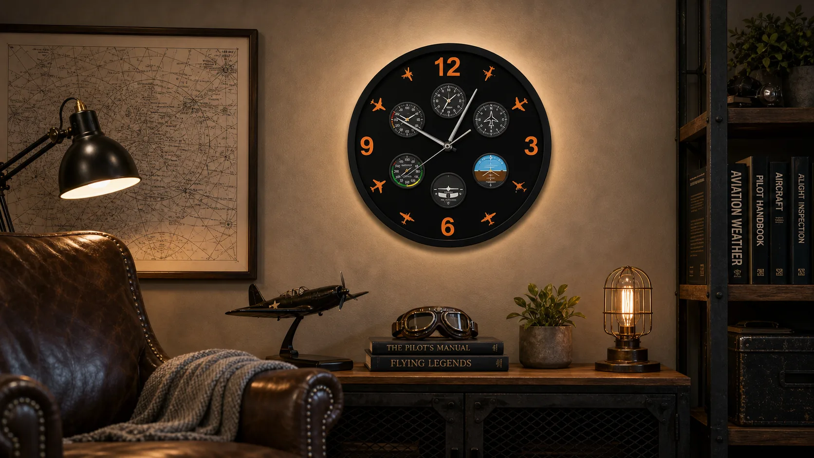 Aviation Pilot Wall Clock in a Lounge Black aviation pilot wall clock with orange numerals mounted in a warm lounge.