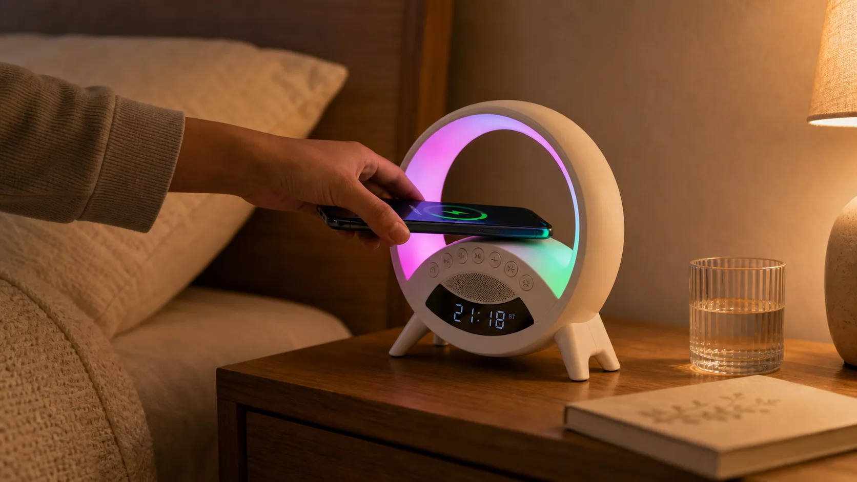 RGB Night Light Alarm Clock on a Bedside Table RGB night light alarm clock on a bedside table with a phone charging at night.