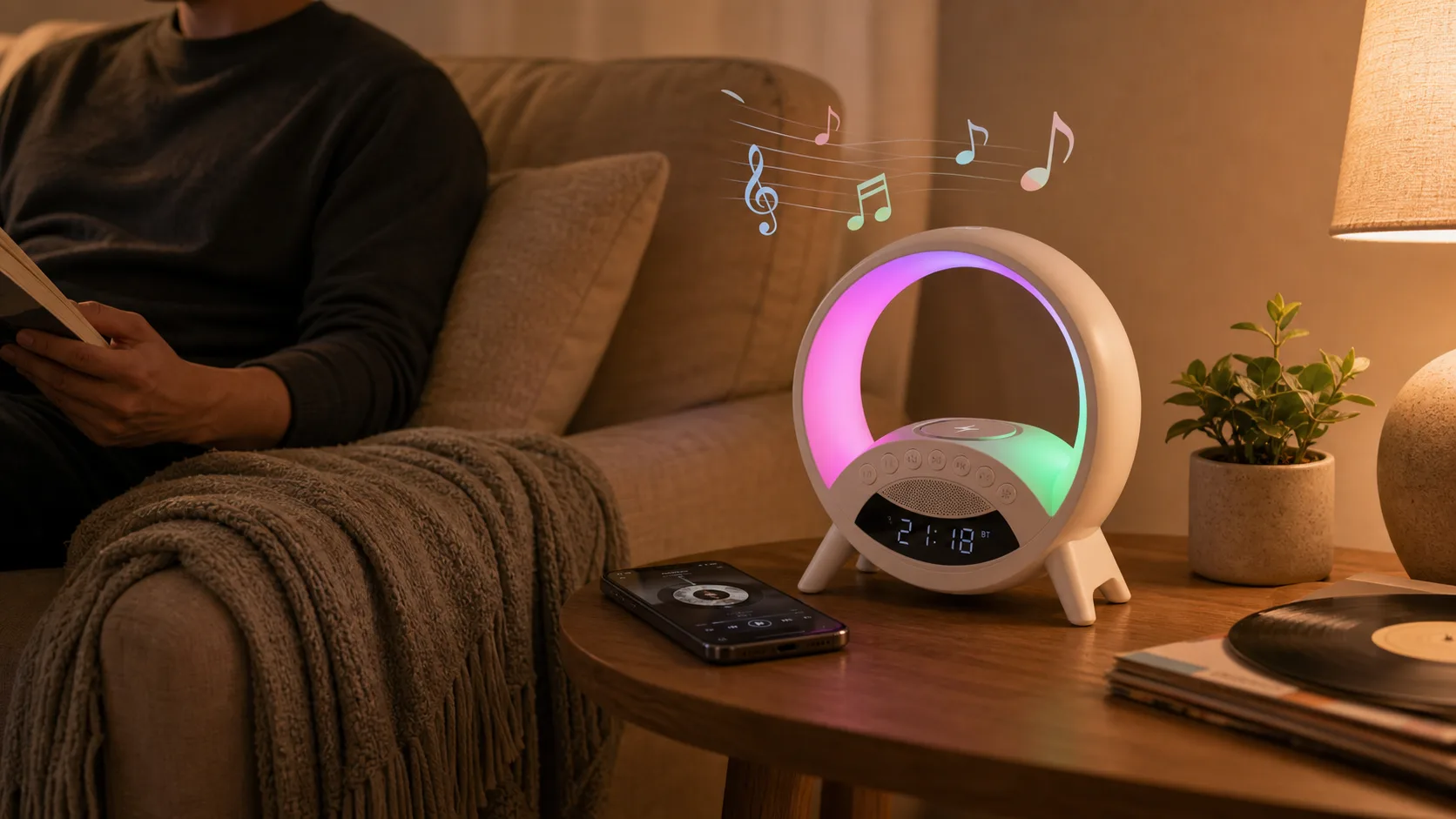 RGB Alarm Clock as a Living Room Mood Light RGB alarm clock used as a soft mood light and speaker on a living room side table.