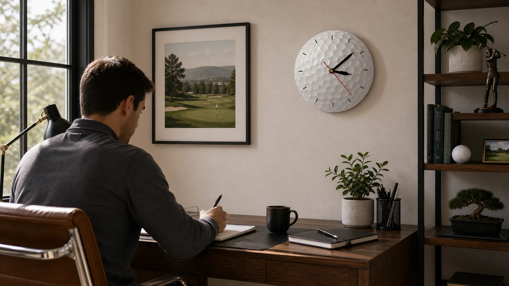 Golf Ball Wall Clock in a Home Office Golf ball wall clock styled in a warm home office for sports-themed decor.