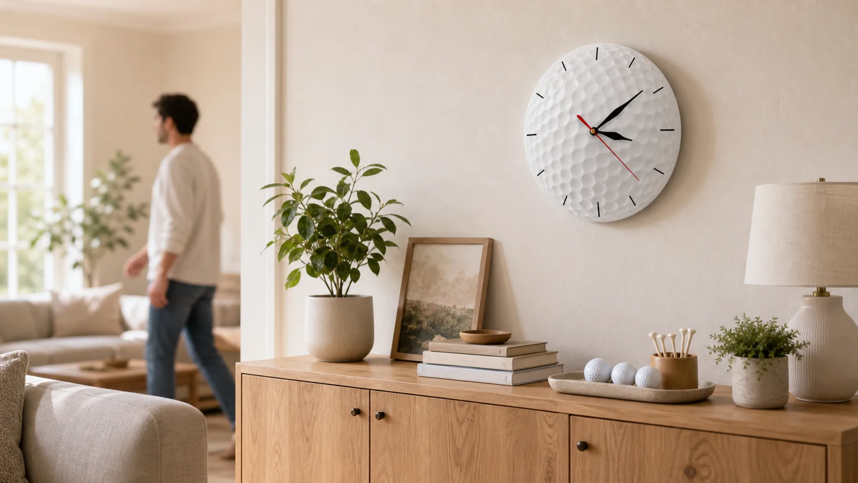 Golf Ball Wall Clock in a Bright Living Room White golf ball wall clock styled above a sideboard in a bright living room.