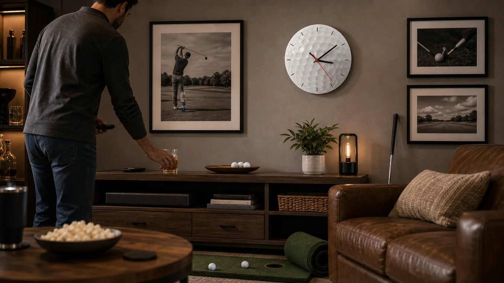 Golf Ball Wall Clock in a Media Room Golf Ball Wall Clock in a Media Room