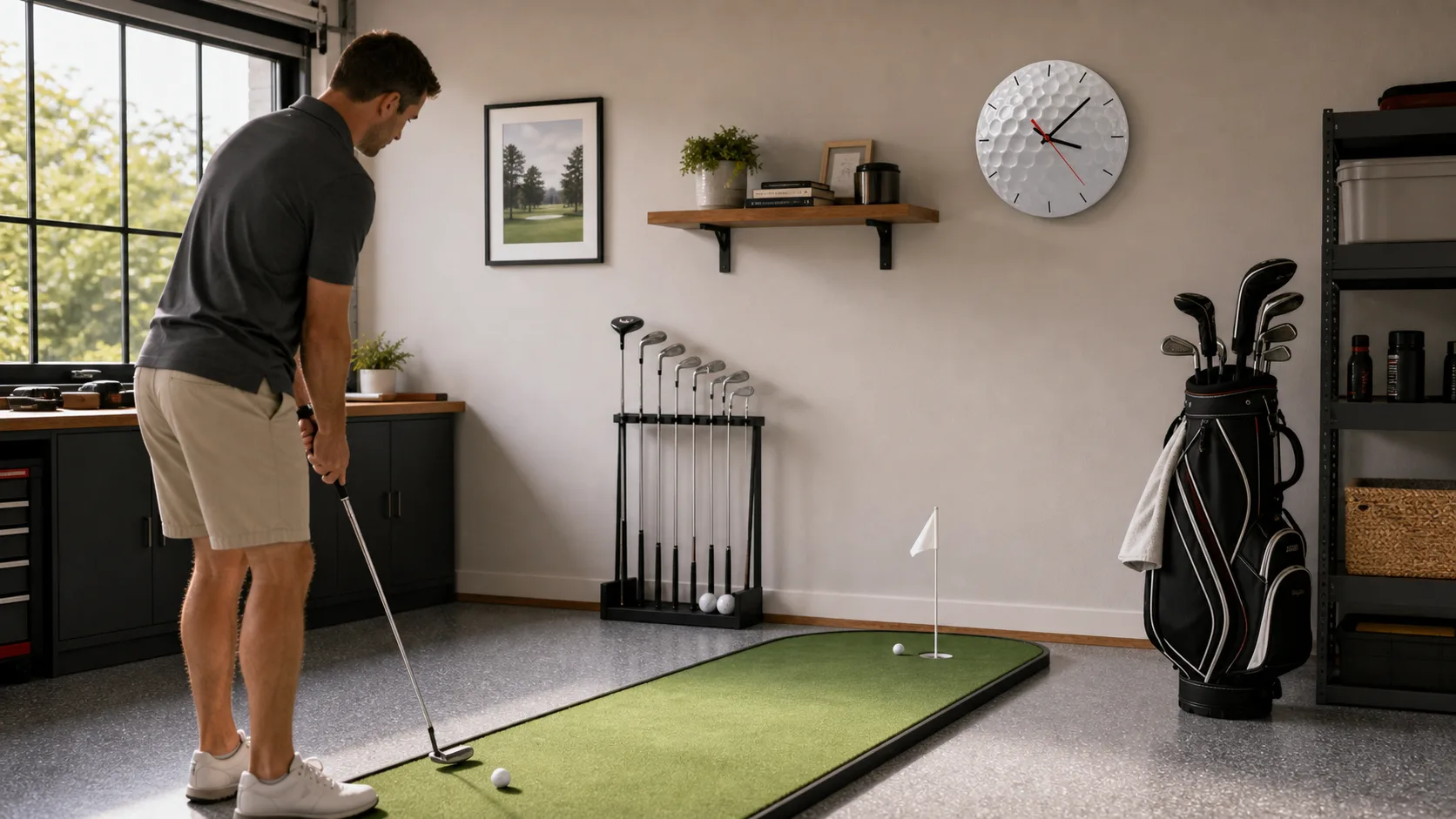 Golf Ball Wall Clock in a Practice Corner Golf Ball Wall Clock in a Practice Corner