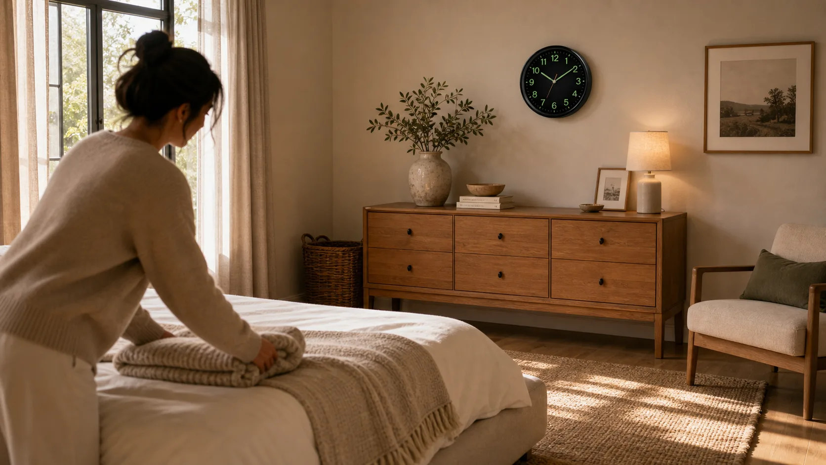 Quiet Wall Clock in a Calm Bedroom Non-ticking luminous wall clock styled above a bedroom dresser for a quiet restful room.