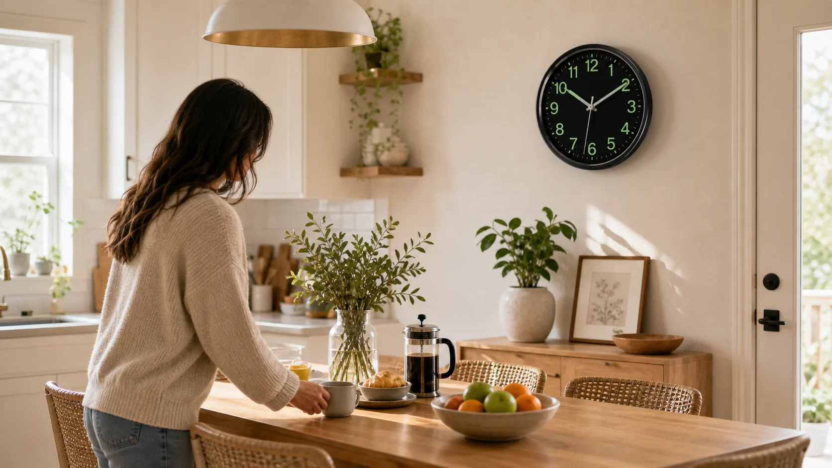 Silent Luminous Wall Clock in a Kitchen Dining Space Silent luminous wall clock styled near a kitchen dining area for everyday home timing.