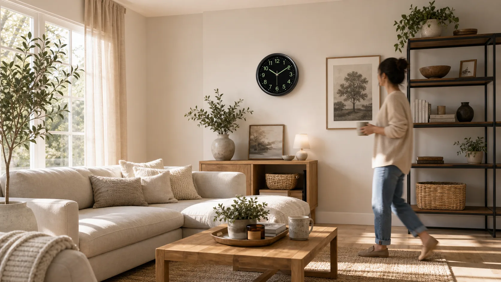 Luminous Wall Clock in a Daytime Living Room Black luminous wall clock styled in a bright living room, showing modern decor use.