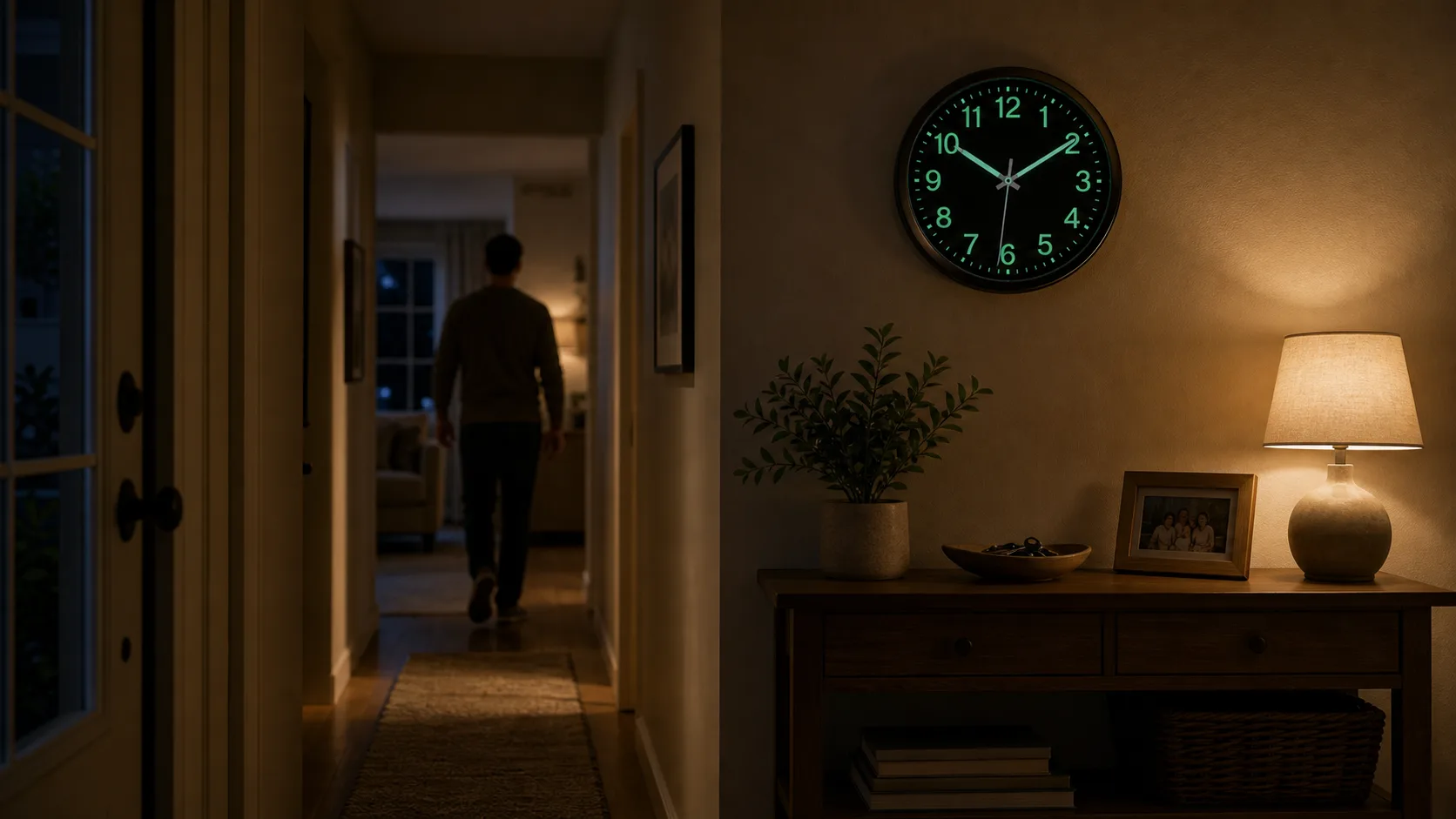 Glow-in-the-Dark Wall Clock in a Night Entryway Glow-in-the-dark black wall clock in a night entryway, showing easy readability in low light.