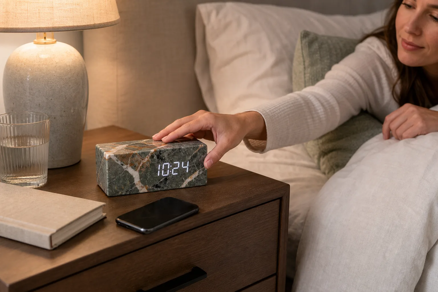 Marble LED Desk Clock on a Bedside Table Marble LED Desk Clock on a Bedside Table