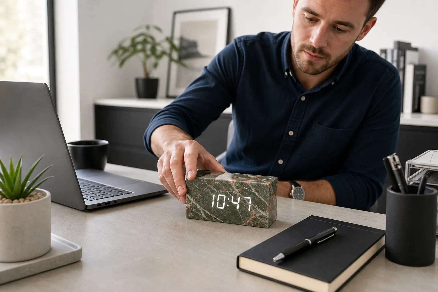 Marble Digital LED Clock on a Modern Office Desk Marble Digital LED Clock on a Modern Office Desk