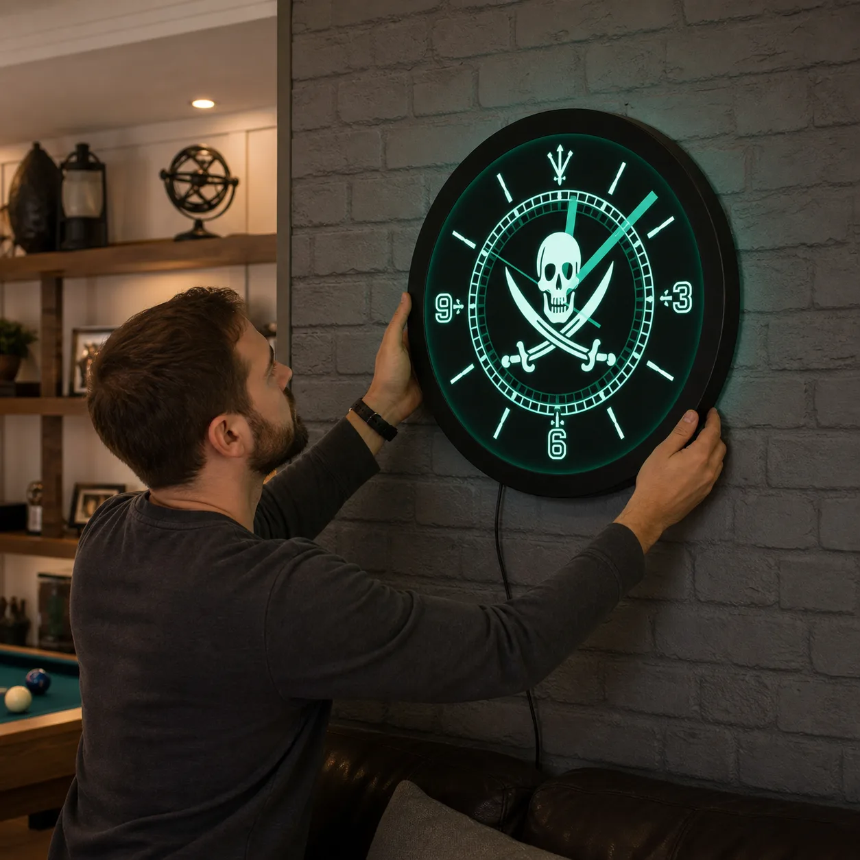 Pirate Skull LED Wall Clock Being Mounted in Game Room Pirate Skull LED Wall Clock Being Mounted in Game Room