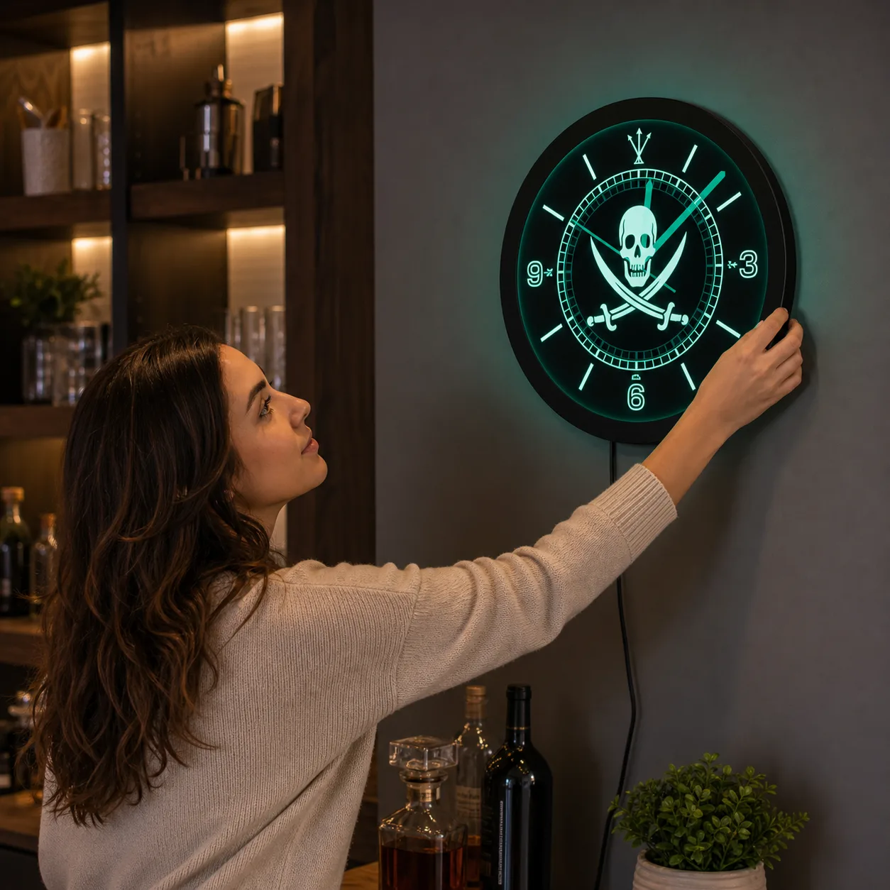 Pirate Skull LED Clock Adjusted in Home Bar Area Pirate Skull LED Clock Adjusted in Home Bar Area
