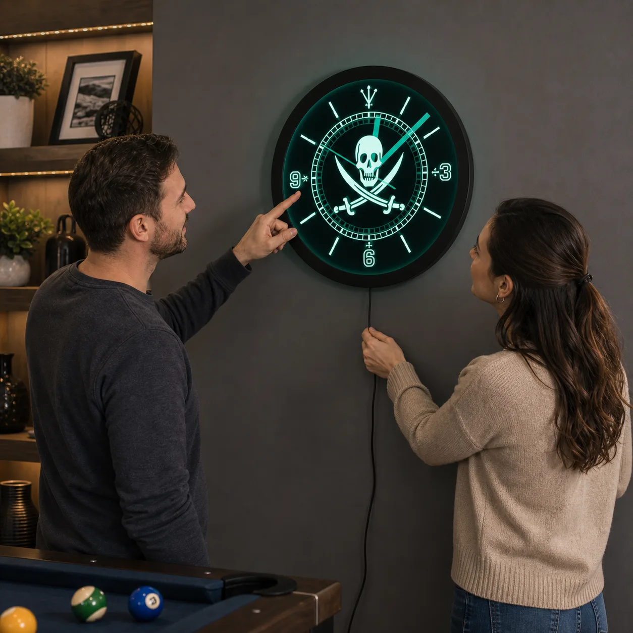 Pirate Skull LED Wall Clock Checked After Setup People checking the time on a glowing round black pirate skull and swords LED wall clock in a recreation room