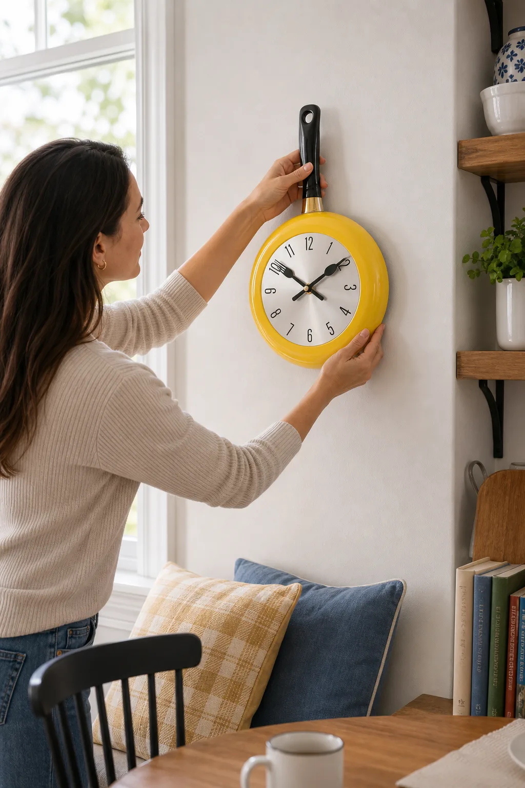 Yellow Frying Pan Wall Clock in a Breakfast Nook Person steadying the handle and rim of a yellow frying pan shaped kitchen wall clock