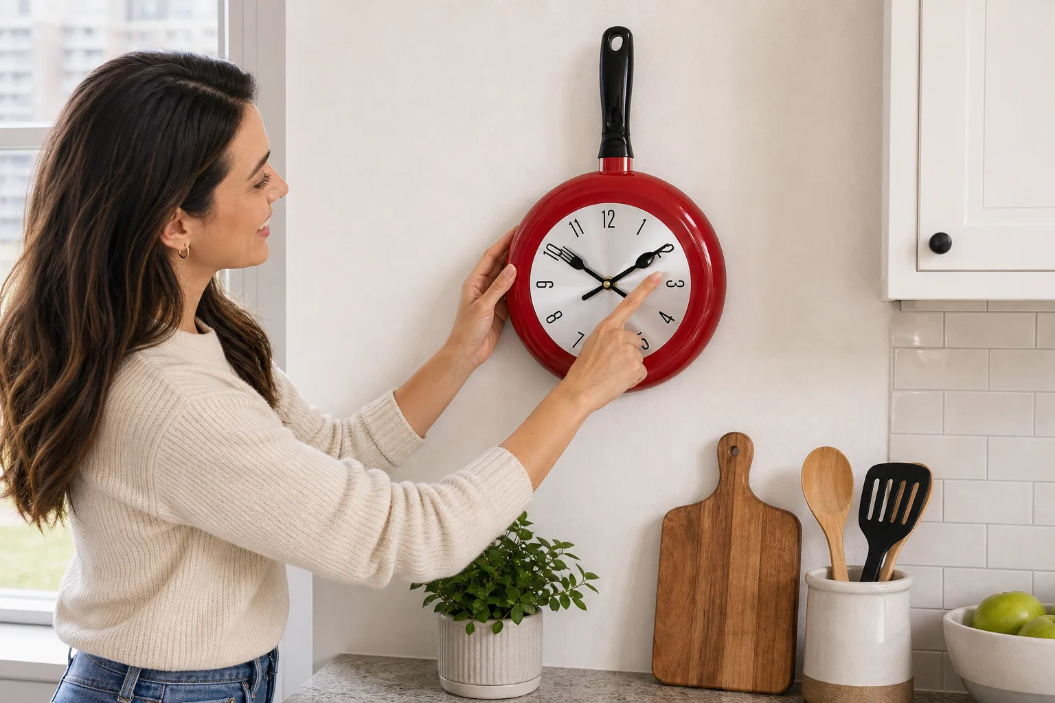 Red Frying Pan Clock with Utensil Hands Red Frying Pan Clock with Utensil Hands